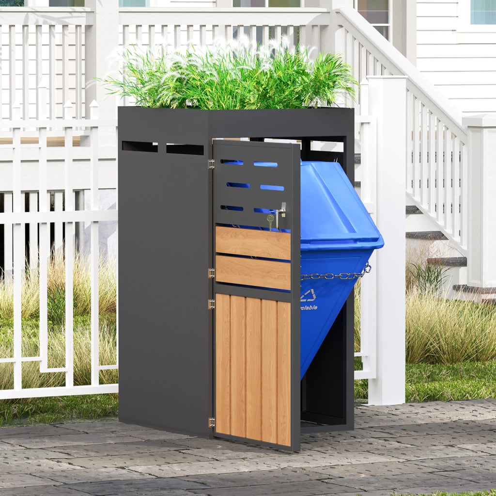 Armadio da esterno multifunzione in acciaio zincato con fioriera integrata, serratura e ventilazione a lamelle – senza contenitore per rifiuti, 66x80x128 cm