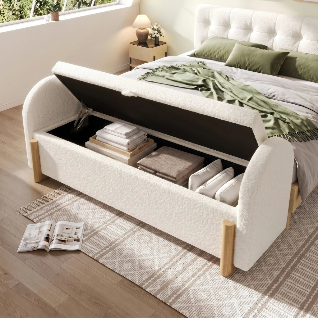 Panca con contenitore idraulico 106 cm bianca in tessuto bouclé chenille con gambe a U in legno di gomma