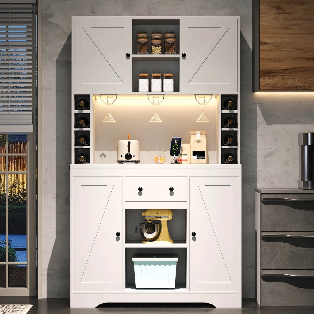 Credenza alta con cassetto ripiani regolabili portabicchieri portabottiglie LED e prese per cucina 105×40×180 cm