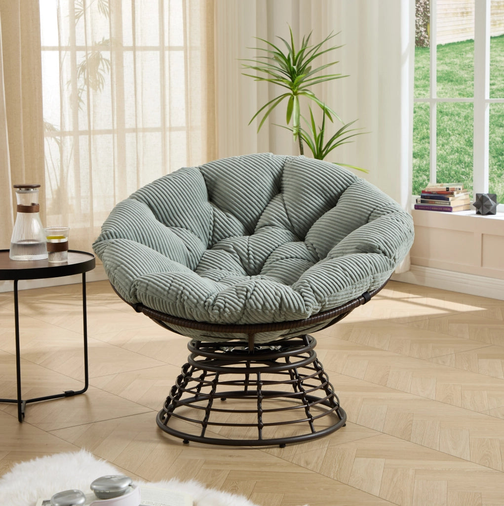 Sedia Papasan Ergonomica in Rattan con Rotazione 360°, Cuscino Spesso in Velluto a Coste Verde Chiaro, Telaio Marrone, per Interni ed Esterni