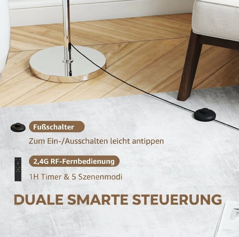 Lampada da terra regolabile con telecomando, paralume in tessuto beige, struttura in metallo, dimmer e interruttore a pedale