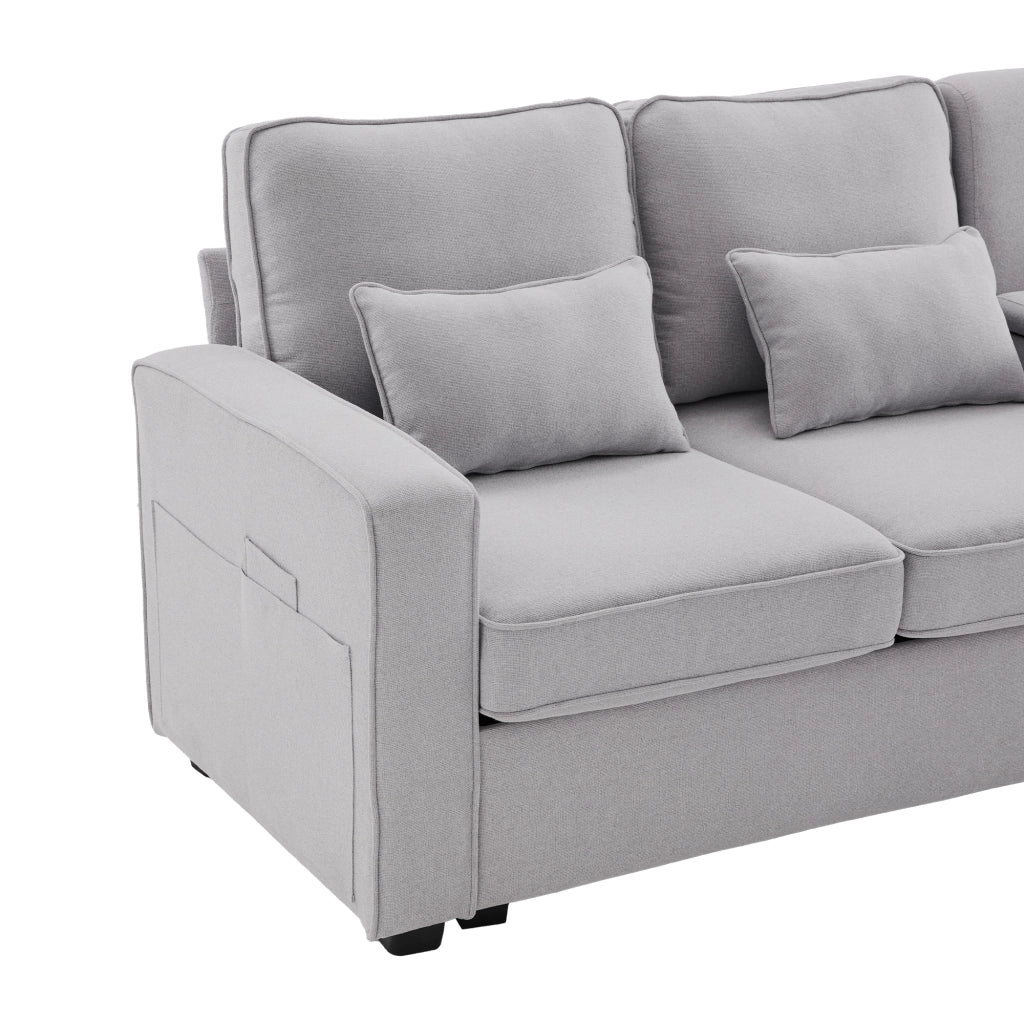 Divano 4 posti 290x83x88 cm con console, porta USB e portabicchieri in tessuto grigio effetto lino