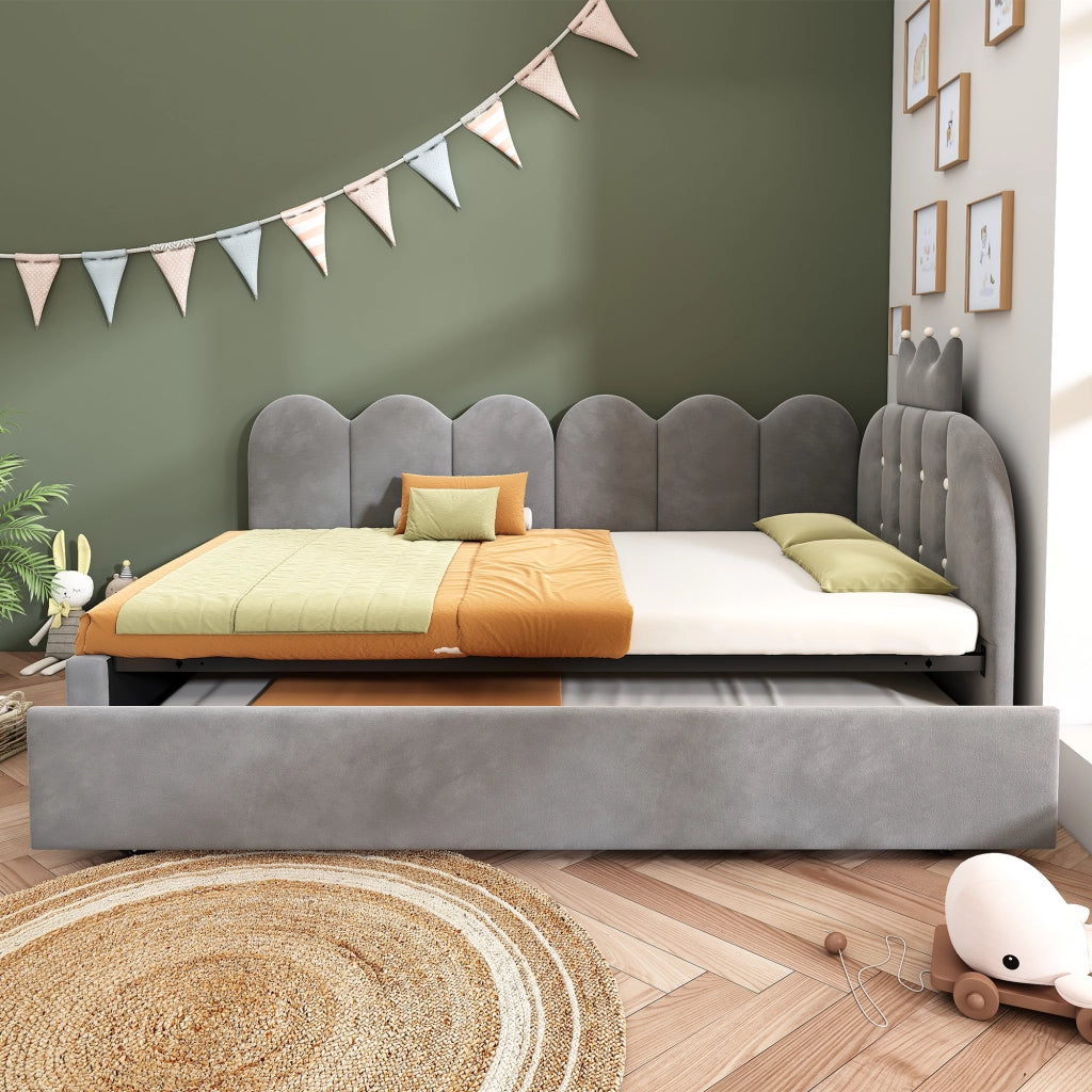 Letto Singolo 90x200 cm Imbottito con letto estraibile; Velluto; Grigio