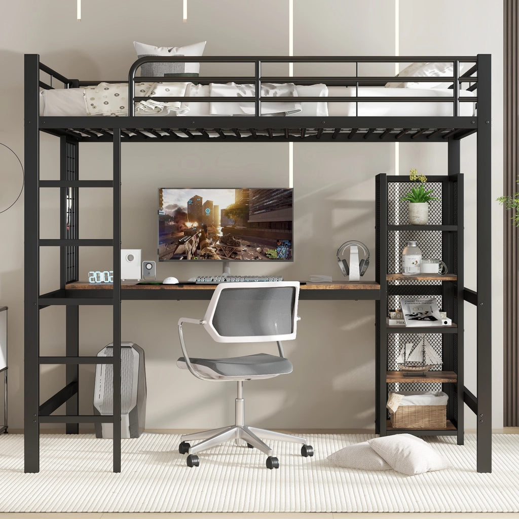 Letto a soppalco 90 × 200 cm con scrivania armadio a cinque ripiani griglia metallica in metallo e MDF nero noce scuro