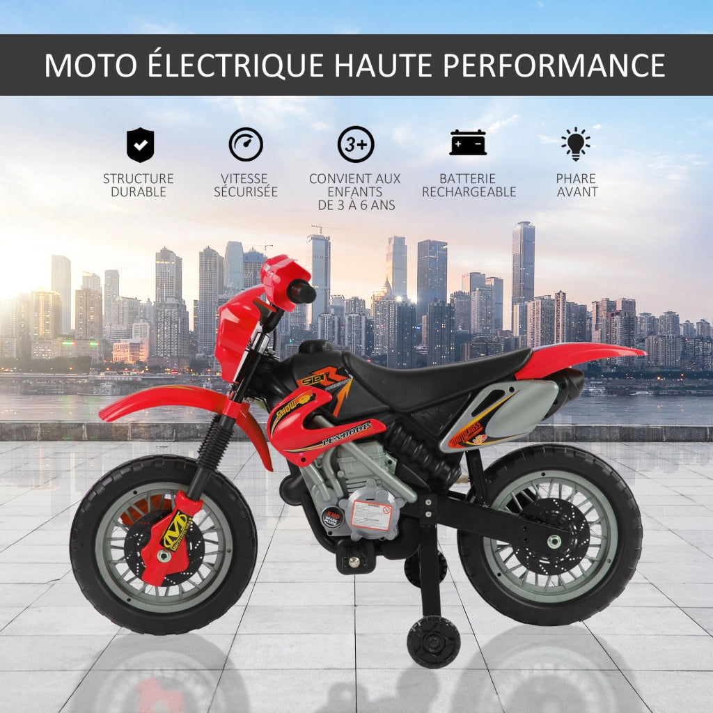 Moto cross elettrica per bambini 3-6 anni 6V con fari clacson e rotelle rimovibili 102 x 58 x 66 cm rosso e nero
