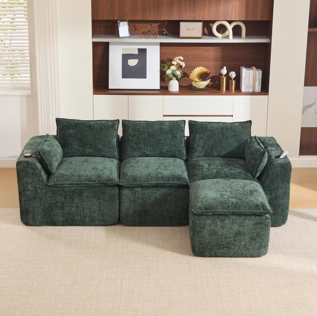 Divano modulare 3 posti in tessuto chenille verde scuro con poggiapiedi, cuscini, portabicchieri e tasche laterali