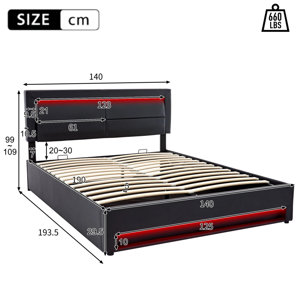 Letto imbottito 140x190 cm con USB; LED e vano contenitore; PU nero