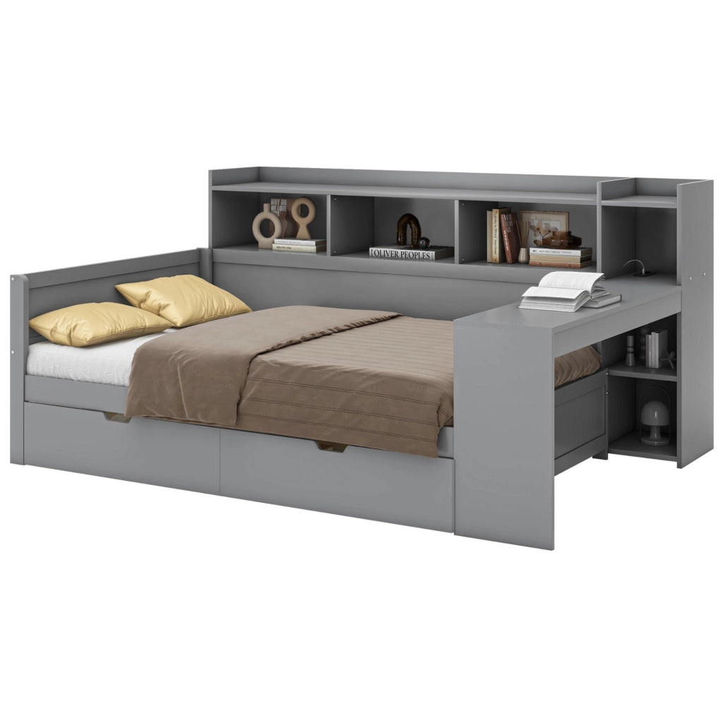 Letto singolo multifunzione 90x200 cm con scrivania; 2 cassetti; prese USB; grigio