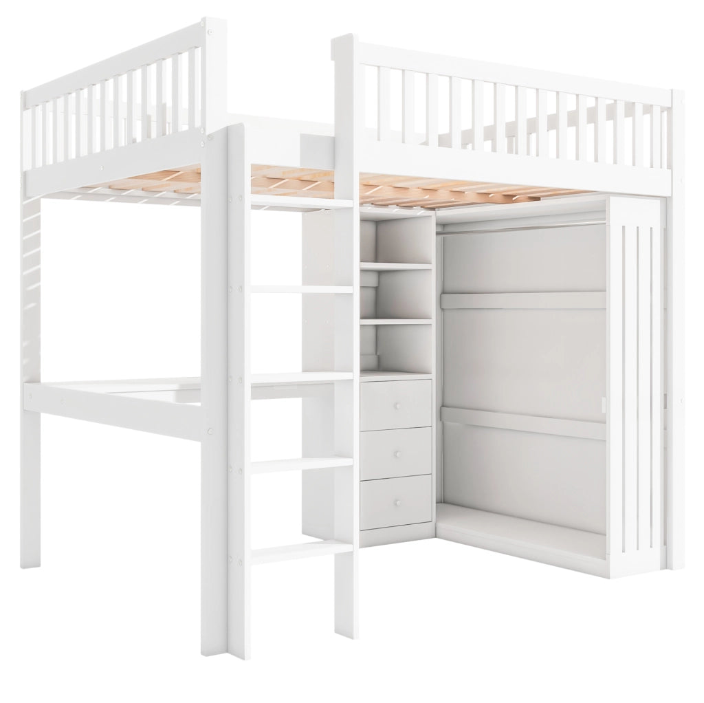 Letto a soppalco bianco con scrivania, armadio e 3 cassetti, 140x200 cm