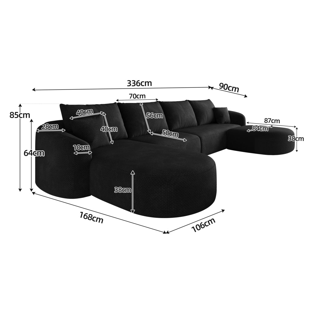 Divano panoramico a U modulare senza montaggio, design salvaspazio per soggiorno, in tessuto di ciniglia nero
