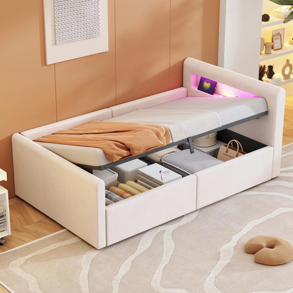 Letto singolo con contenitore 90 × 200 cm imbottito in velluto beige con LED; luce notturna; USB e rete a doghe