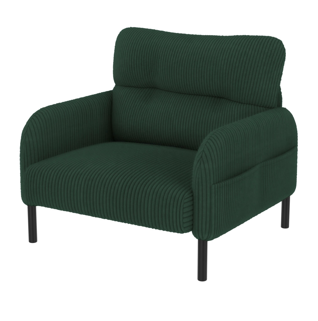 Set divano due posti, poltrona e pouf in velluto a coste verde smeraldo, modulare e confortevole