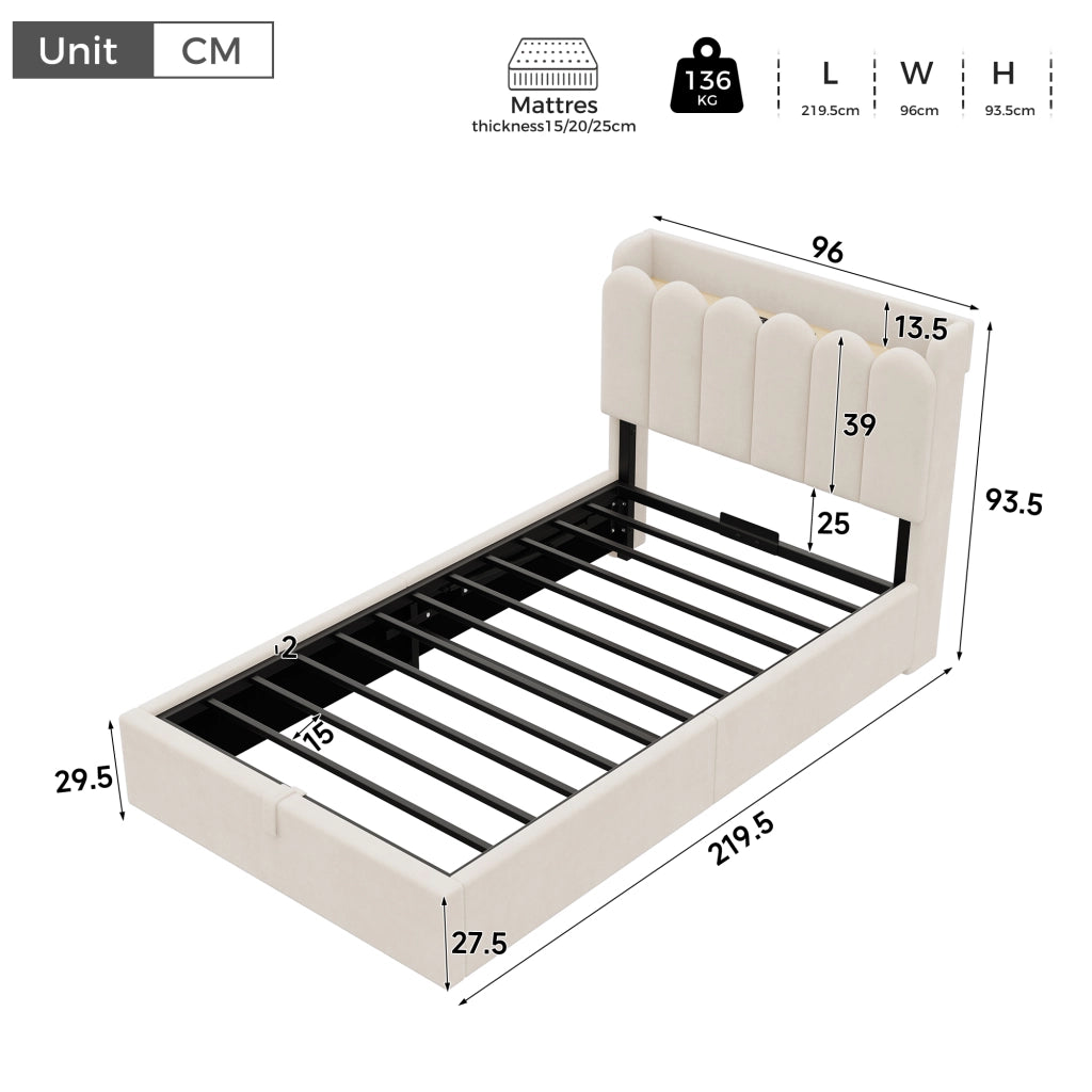 Letto singolo con contenitore 90 × 200 cm con rete a doghe testiera in velluto beige LED USB e Type-C