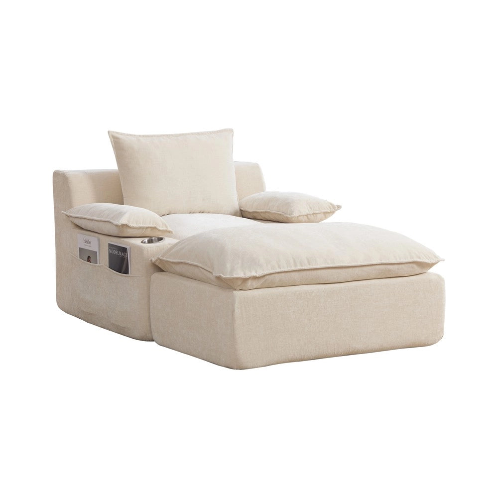 Poltrona Relax Chaise Longue ¨C Minimal ¨C Beige in Chenille con 4 Cuscini, Portabibite e Tasche Portaoggetti per Soggiorno