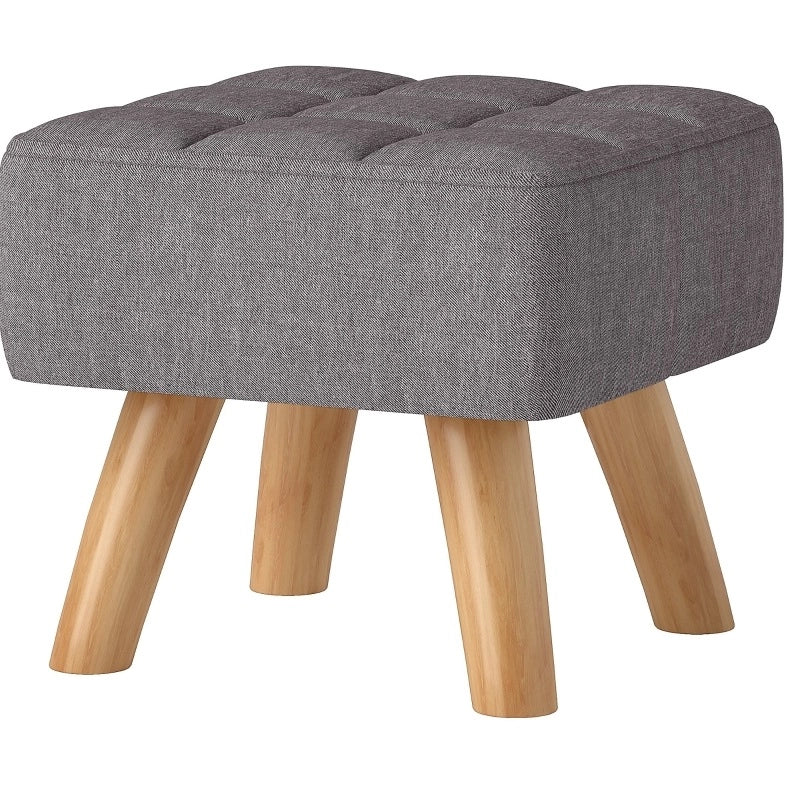 Pouf con Gambe in Legno di Gommello e Rivestimento Effetto Lino, Grigio, 27x27x26 cm