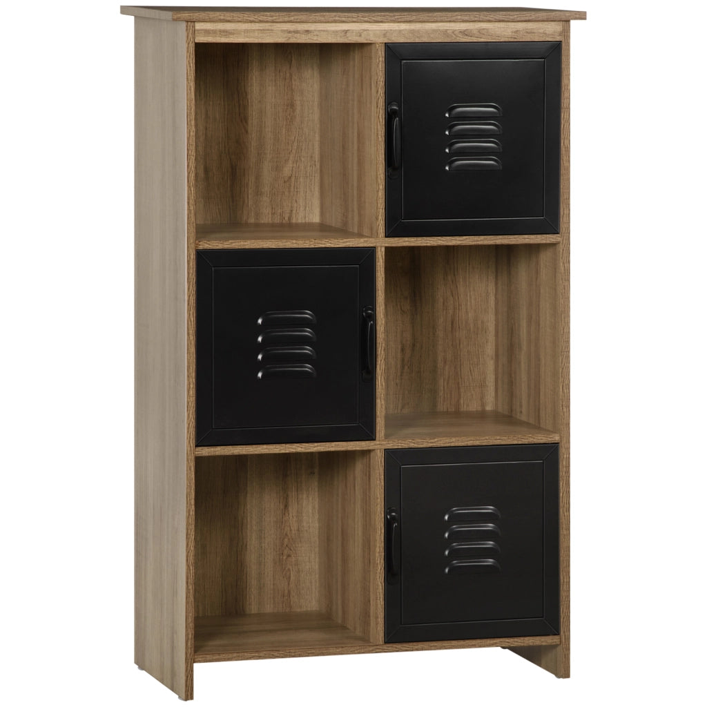 Libreria Mobile di Stoccaggio Design Industriale, Scaffale Effetto Legno con 3 Nicchie e 3 Ante in Metallo Nero per Casa