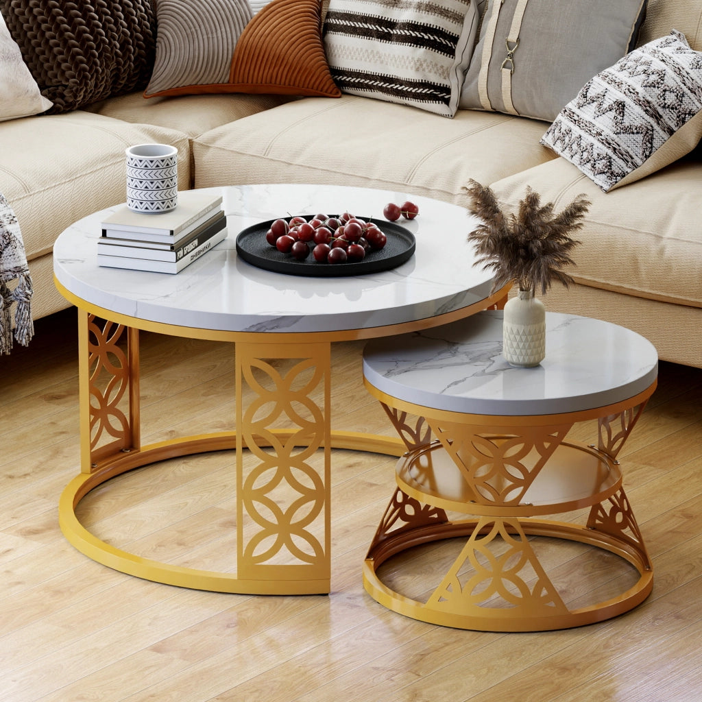 Set di 2 Tavolini da Salotto in Metallo 70 x 70 x 45 cm e 45 x 45 x 37 cm con Base Antiscivolo Bianco e Oro