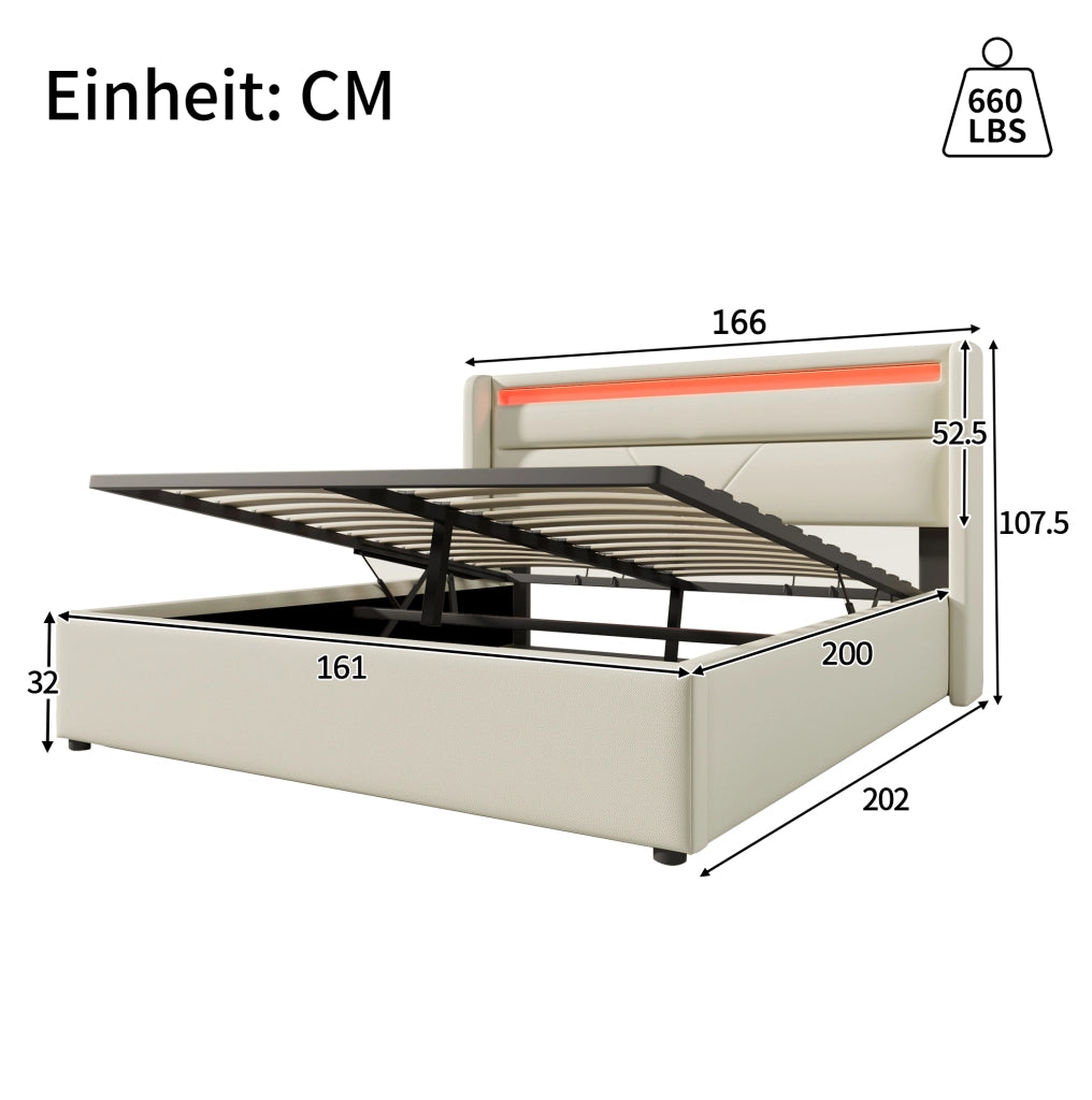 Letto contenitore idraulico imbottito 160x200 cm con luci LED e telecomando, bianco, struttura in PU