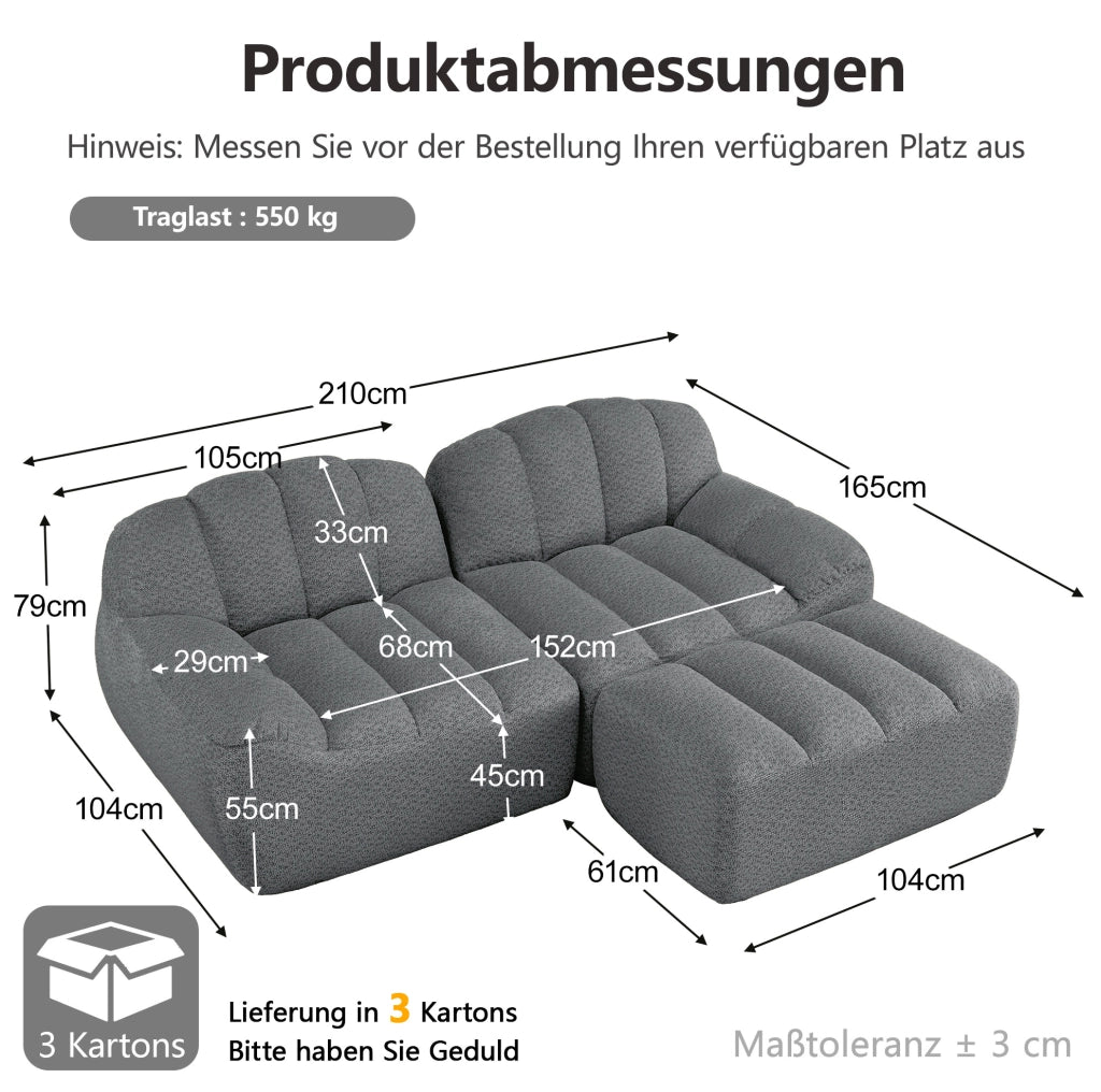 Divano modulare senza struttura a 2 posti a forma di L con pouf, cuscini profondi, grigio
