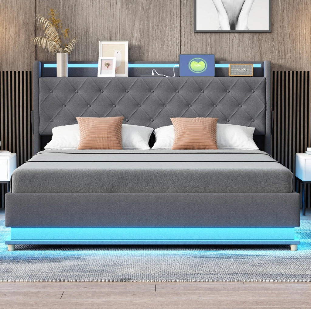 Letto imbottito LED 160x200 cm con porta USB e contenitore idraulico; grigio