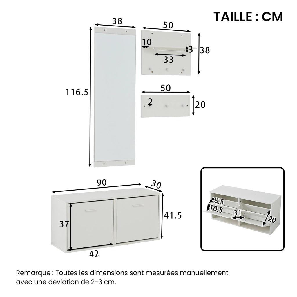 Mobile da ingresso 4 pezzi con specchio, scarpiera a 4 ripiani e 6 ganci, in truciolare, bianco, 90 × 30 × 41,5 cm