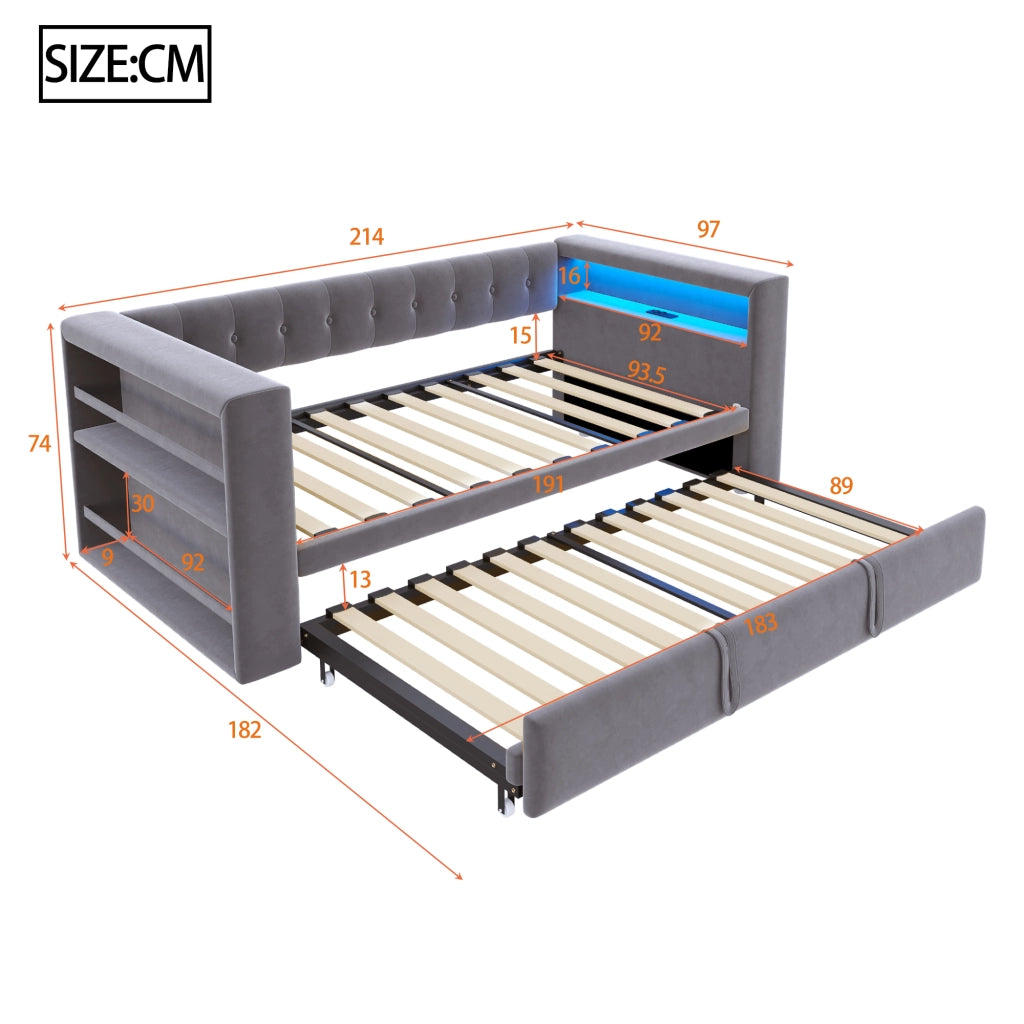 Letto estraibile 90 x 190 cm, divano letto con illuminazione LED, porte USB, tessuto flanella grigio scuro, rete a doghe inclusa