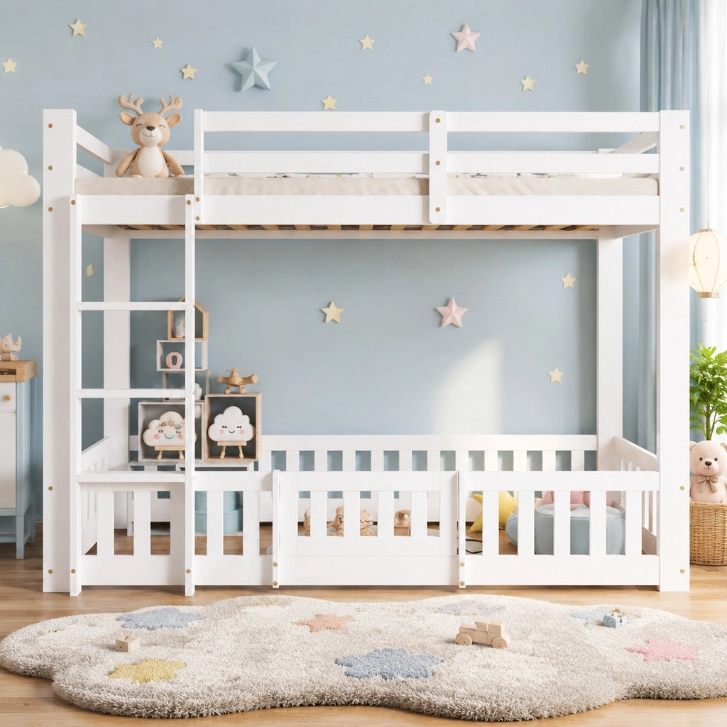 Letto a soppalco per bambini 90x200 cm in pino e compensato con scala e sponde; bianco