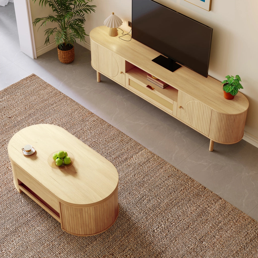 Set di mobili da soggiorno con tavolino basso alzabile e mobile TV in MDF naturale con ampio spazio contenitore