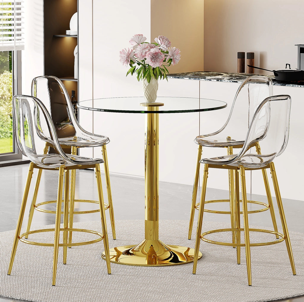 Set bar Ø 89 cm in vetro trasparente e metallo dorato con 4 sgabelli