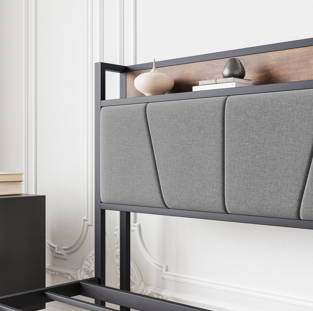 Letto 140x200 cm con LED, USB e presa, testiera contenitore in MDF e metallo