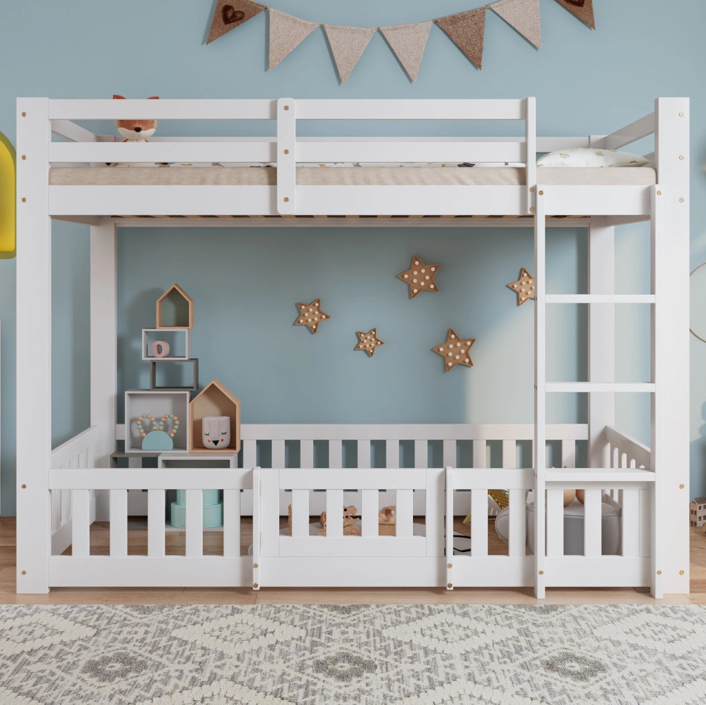 Letto a soppalco per bambini 90x200 cm in pino e compensato con scala e sponde; bianco
