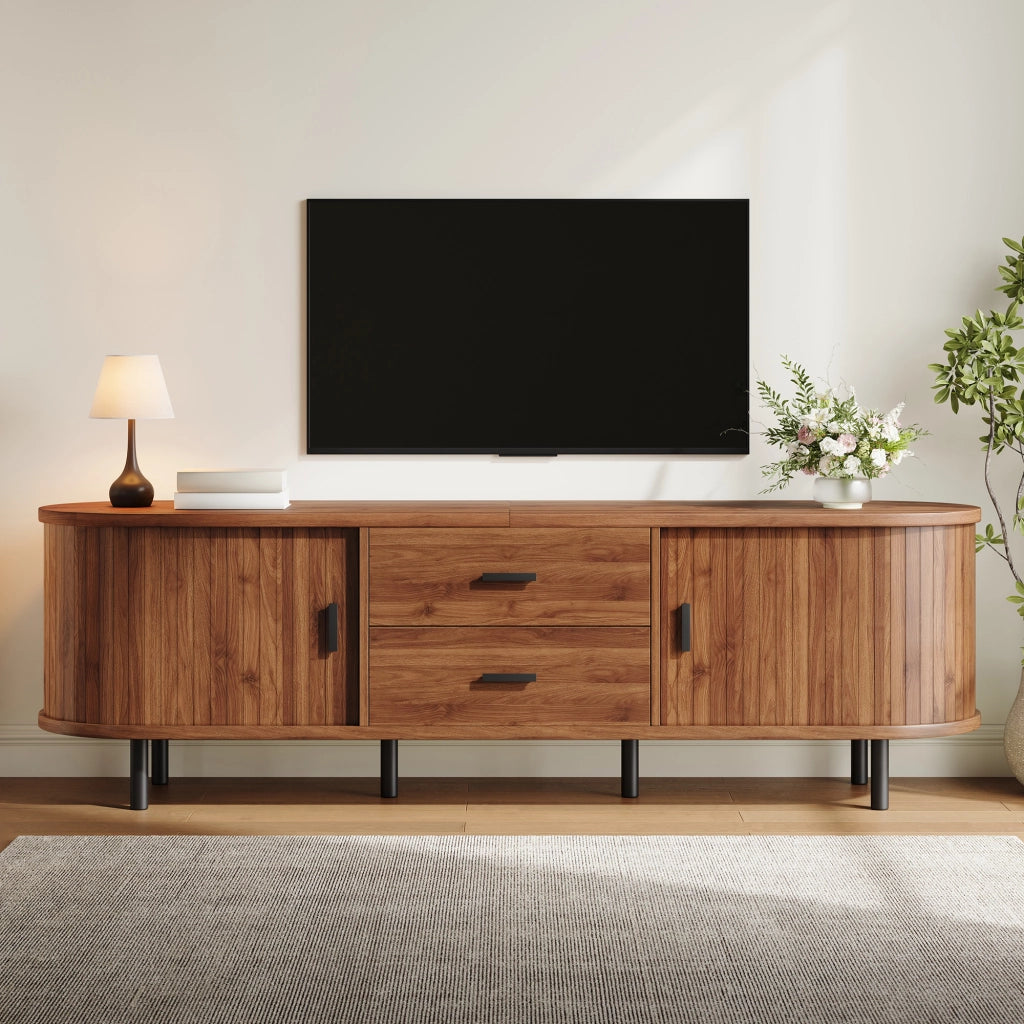 Mobile TV con ante scorrevoli; 2 cassetti e 5 piedi in metallo nero color noce 150 ¡Á 40 ¡Á 55 cm