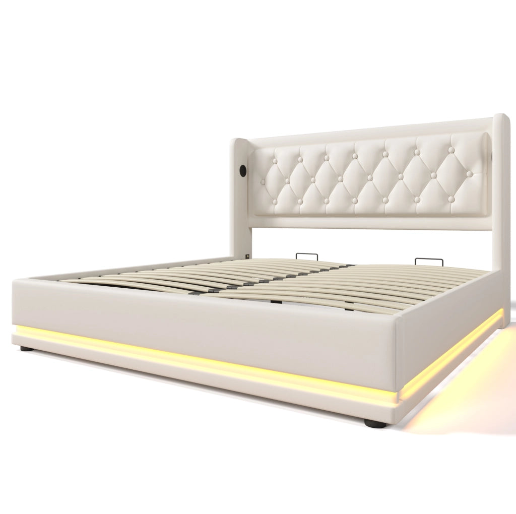 Letto matrimoniale ULEVR 180x200 cm con contenitore idraulico, LED a 3 lati, USB e Type-C, PU bianco