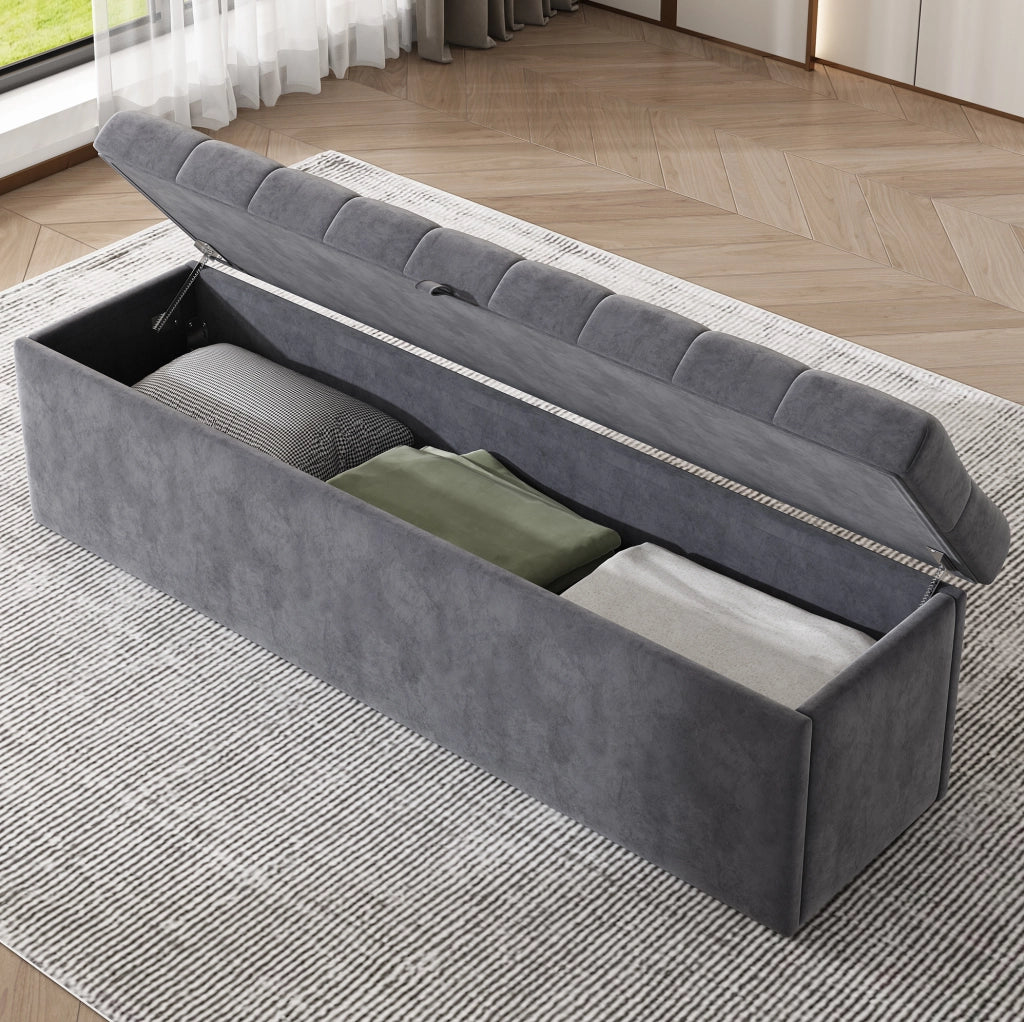 Ottomana contenitore in velluto grigio 138x41x42 cm