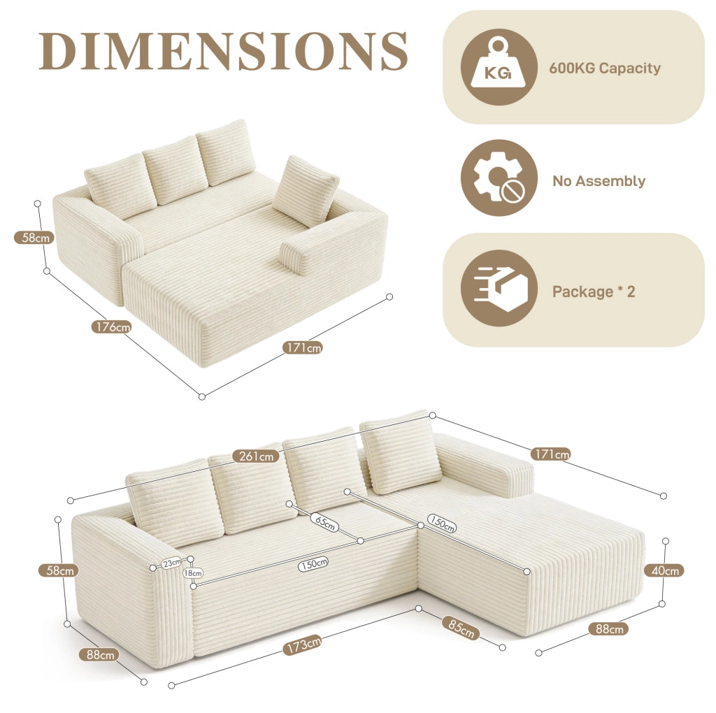 DIVANO Modulare a L in Velluto a Coste Beige Set da 2 pezzi
