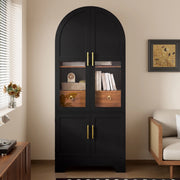Vetrina alta nera con illuminazione LED, quattro ante e cassetto, arco, MDF e PB