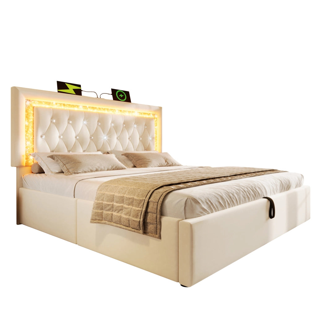 Letto matrimoniale 180×200 cm 2 posti con contenitore idraulico; LED regolabile; USB e USB-C; senza materasso; beige