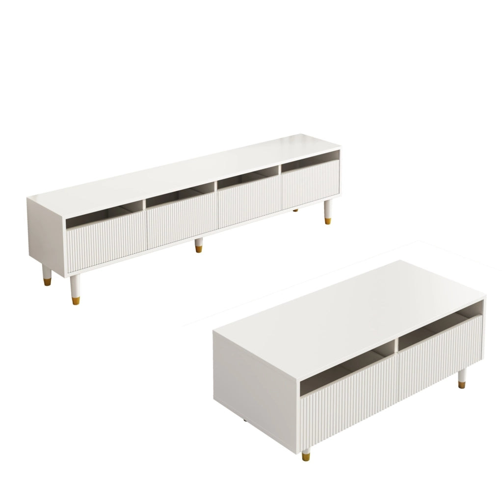 Set mobili moderno LED con mobile TV 4 ante e tavolino con 2 cassetti in MDF bianco con dettagli oro e illuminazione LED