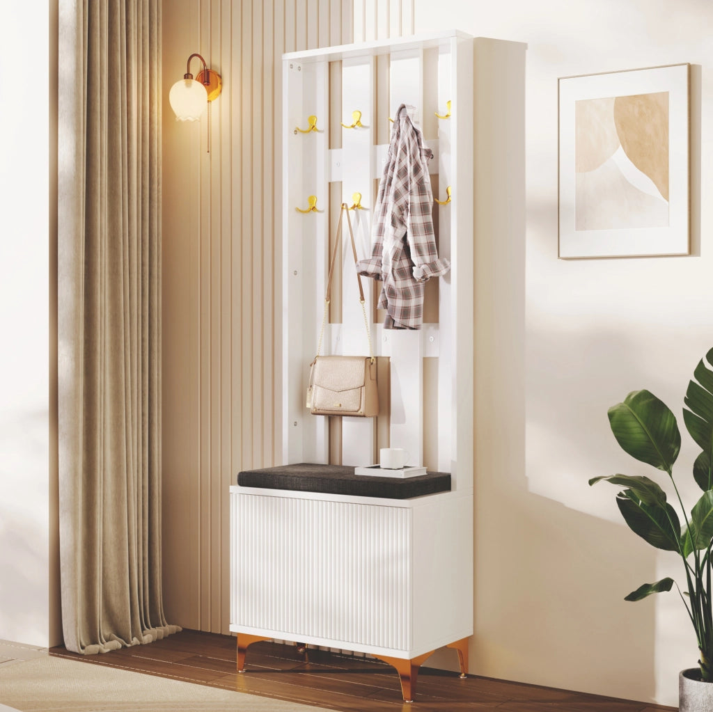Guardaroba bianco con ripiani regolabili; ganci e cuscini grigi; 60.5 ¡Á 180.5 ¡Á 35.2 cm