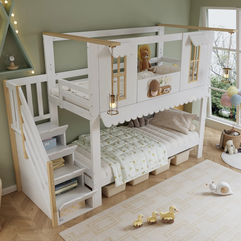 Letto a castello per bambini 90 × 200 cm con scala contenitore in legno e MDF bianco e naturale con tetto