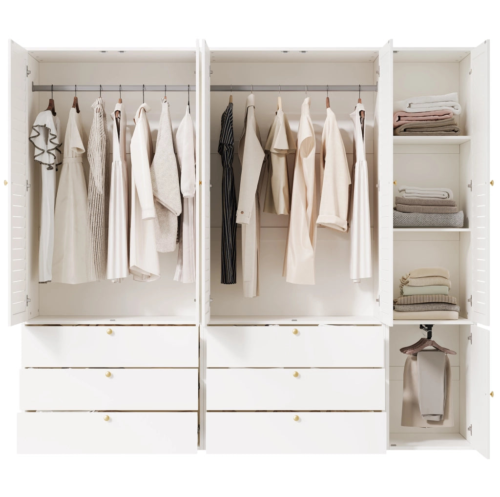 Armadio 5 ante 225x50x200 cm con 6 cassetti e 3 appendiabiti in truciolare bianco