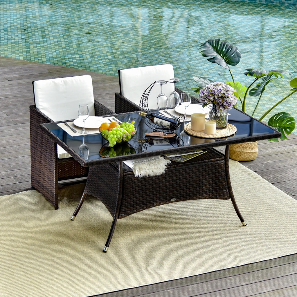 Tavolo da giardino 150x85x74 cm in polyrattan marrone con piano in vetro di sicurezza