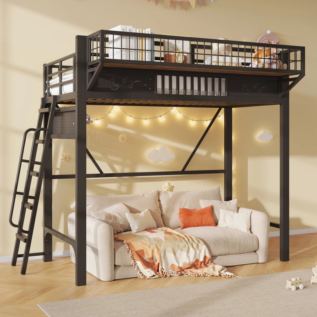 Letto a soppalco 90 × 200 cm con vani portaoggetti e spazio inferiore aperto in metallo nero