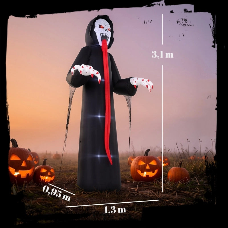 Scheletro gonfiabile Halloween alto 310 cm con LED integrati ventilatore da 12 W e kit di fissaggio per esterni