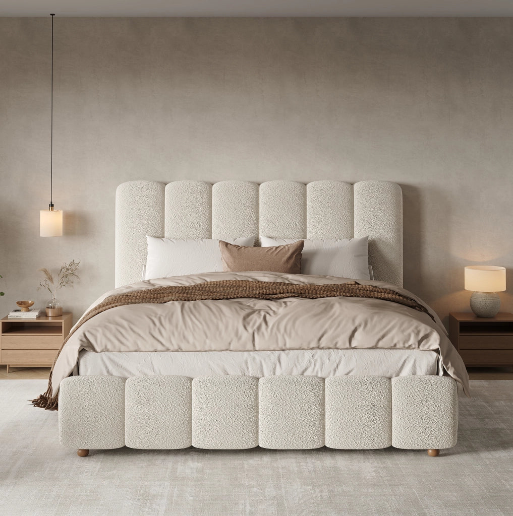 Letto matrimoniale contenitore 140x200 cm in bouclé bianco con rete a doghe HOMVRA
