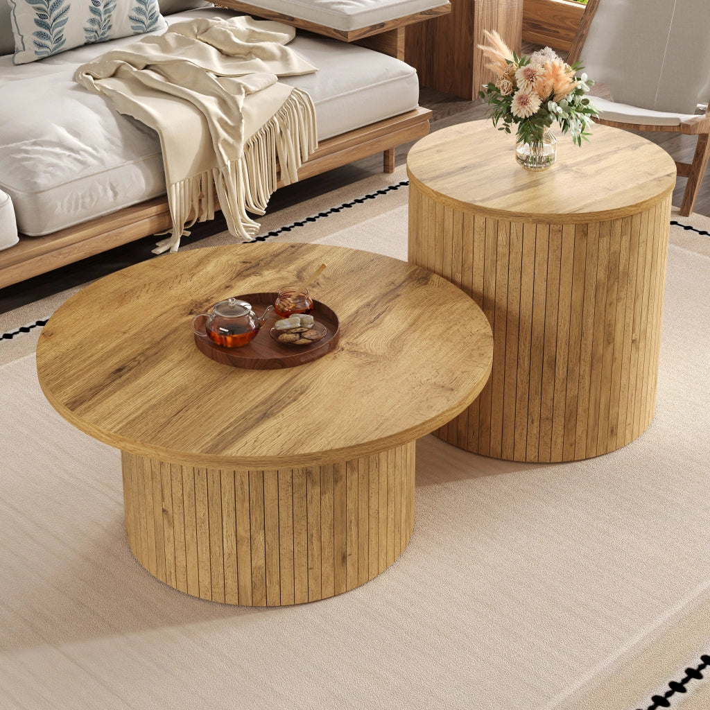 OKWISH Tavolini da Salotto Impilabili Rotondi con Doppia Struttura Separabile, Stile Minimalista, MDF, Naturale
