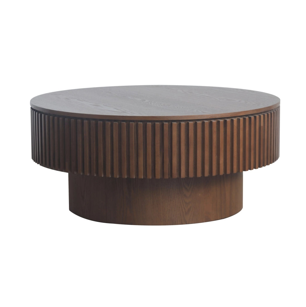 Tavolino rotondo 75 cm con contenitore, MDF e impiallacciatura in noce, moderno
