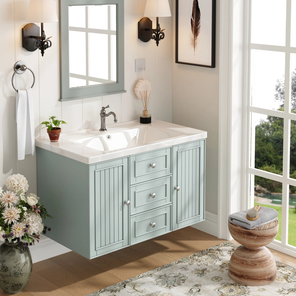 Mobiletto con lavabo sospeso in MDF verde con lavabo in ceramica e vano laterale 78.5 × 46 × 46.8 cm