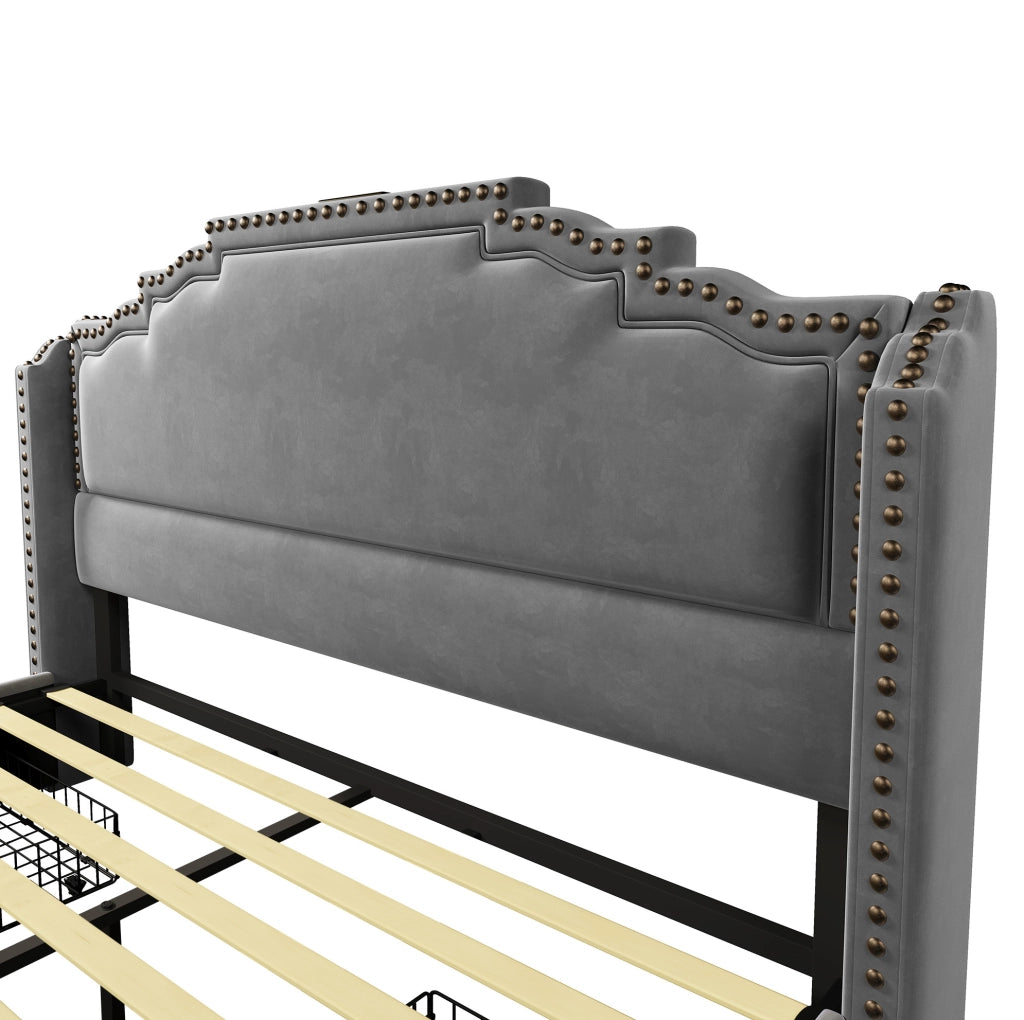 Letto 160x200 cm con 4 cassetti; LED e USB Type-C in velluto grigio