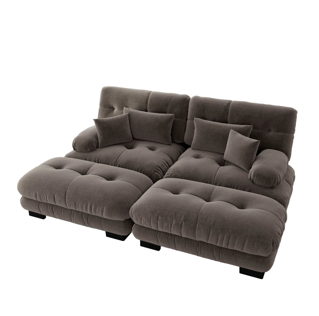 Divano angolare in chenille marrone con struttura in legno massello, 2 cuscini lombari e 2 cuscini decorativi